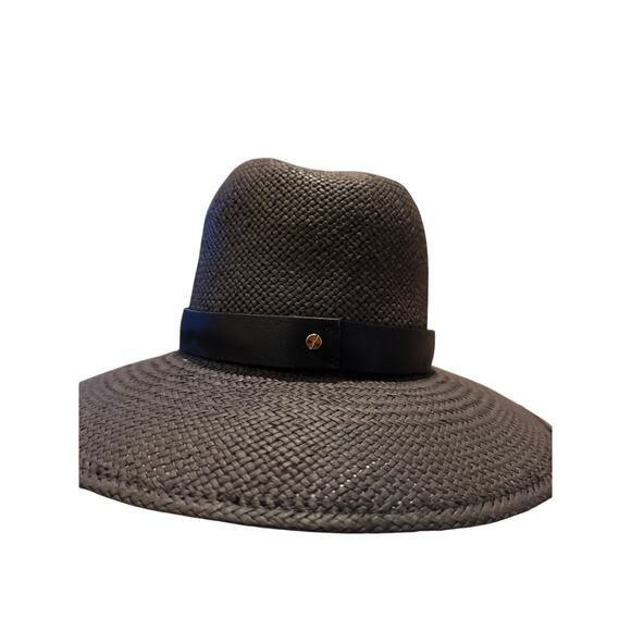 Janessa Leone Black Straw Hat Wide Brim Fedora Sz. Small - Picture 8 of 10